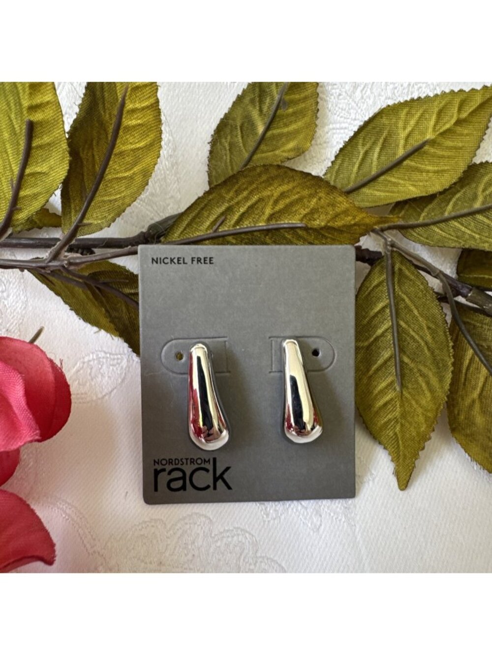 Nordstrom Shiny Curved Orb Tear Drop Earrings Silvertone 1" Nickel Free NEW